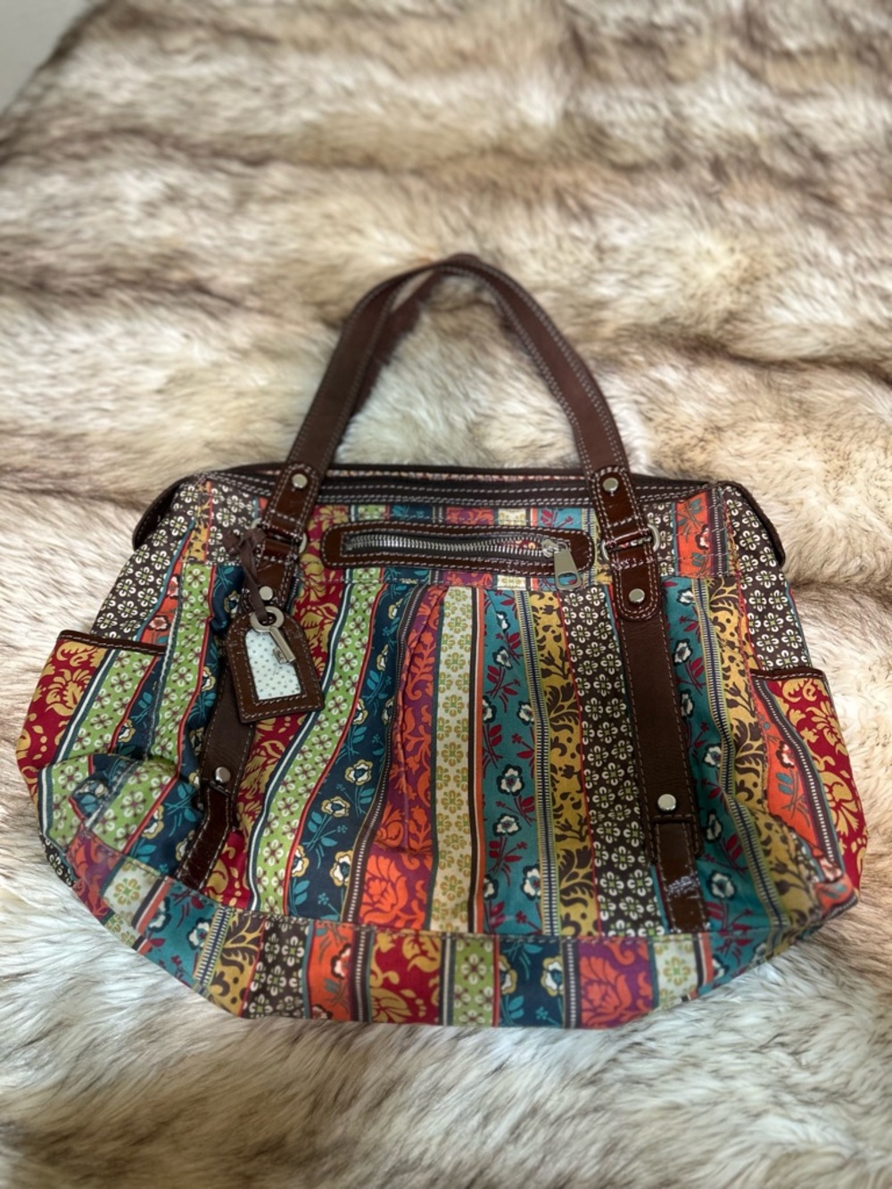 Fossil Multicolor Striped Boho Tote with Brown Trim